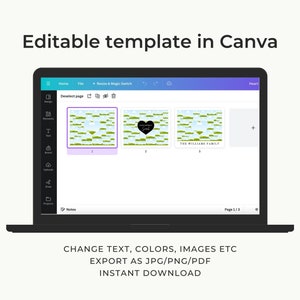 May include: A screenshot of a Canva design template on a laptop screen. The template is a green and white patterned design with a heart shape in the center. The text "Love you more than words can say" is inside the heart. The template is editable and can be exported as a JPG, PNG, or PDF file.