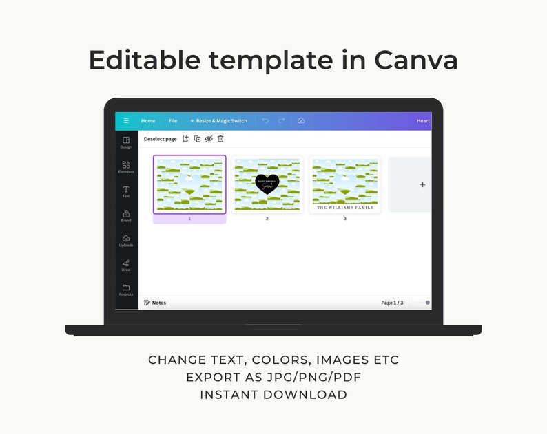 May include: A screenshot of a Canva design template on a laptop screen. The template is a green and white patterned design with a heart shape in the center. The text "Love you more than words can say" is inside the heart. The template is editable and can be exported as a JPG, PNG, or PDF file.