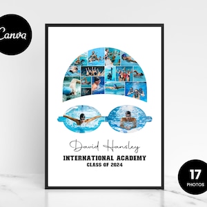 Könnte beinhalten: Gerahmter Druck mit Schwimmthema, mit einer Collage von Fotos in Blau und Weiß. Das Design umfasst eine Schwimmergrafik und den Text: "David Hansley, International Academy, Klasse 2024." Der Druck ist in einem schwarzen Rahmen und enthält 17 Fotos.