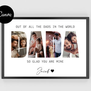 Op de afbeelding: Een wit ingelijst foto met een zwarte rand. De foto toont een collage van foto's van een vader en zijn kinderen. De tekst "OUT OF ALL THE DADS IN THE WORLD" staat bovenaan de foto. De tekst "DADA" staat in grote letters met de foto's van de vader en de kinderen in de letters. De tekst "SO GLAD YOU ARE MINE" staat onder de letters. De tekst "Jacob" staat onderaan de foto.