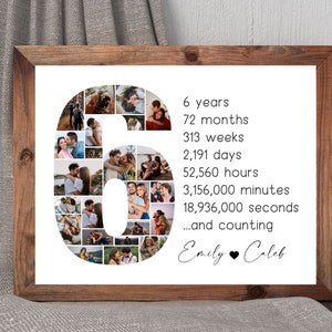 May include: A framed photo collage in the shape of the number 6, made up of photos of a couple. The text below the collage reads "6 years, 72 months, 313 weeks, 2,191 days, 52,560 hours, 3,156,000 minutes, 18,936,000 seconds...and counting." The names "Emily" and "Caleb" are written below the text, with a heart symbol between them.