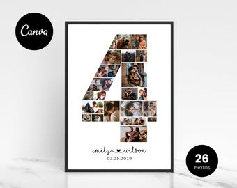 4th Anniversary Photo Collage Gift Linen Anniversary Photo Collage 4 Year Anniversary Gift for Couple Personalized Anniversary Collage