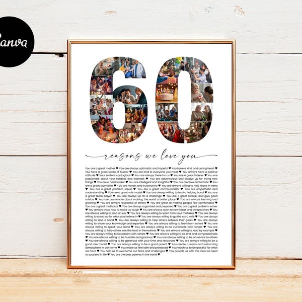 Collage d'anniversaire 60 raisons pour lesquelles nous vous aimons, collage photo personnalisé pour 60e anniversaire, cadeaux pour lui, cadeaux pour elle, collage 60e anniversaire, cadeaux uniques