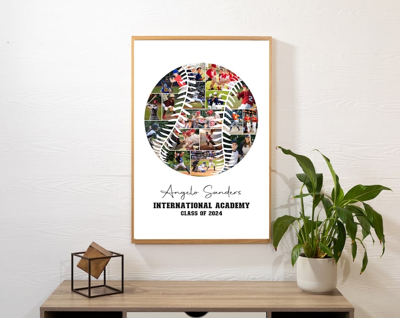 May include: A white baseball with a black outline and stitching. The baseball is made up of a collage of photos of baseball players. The text "Angelo Sanders INTERNATIONAL ACADEMY CLASS OF 2024" is below the baseball.