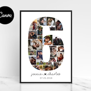 Pode incluir: Uma impressão emoldurada com uma colagem de fotografias dispostas em forma do número 6. As fotos mostram casais em várias poses românticas. Os nomes "jennie" e "charles" estão escritos abaixo do número, juntamente com a data "07.25.2018". O logotipo Canva está no canto superior esquerdo.