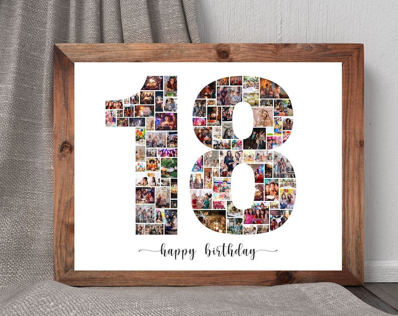 18. Geburtstag Fotocollage, personalisierte 18. Geburtstag Fotocollage, Familiengeschenk, Zahlencollage, Geschenke für Ihn, Geschenke für Sie Bild 1