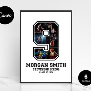 May include: A framed basketball-themed collage featuring the number 9 with six action photos of players. The name "Morgan Smith", "Stevenson School", and "Class of 2024" are displayed below the number. The Canva logo is in the upper left corner.