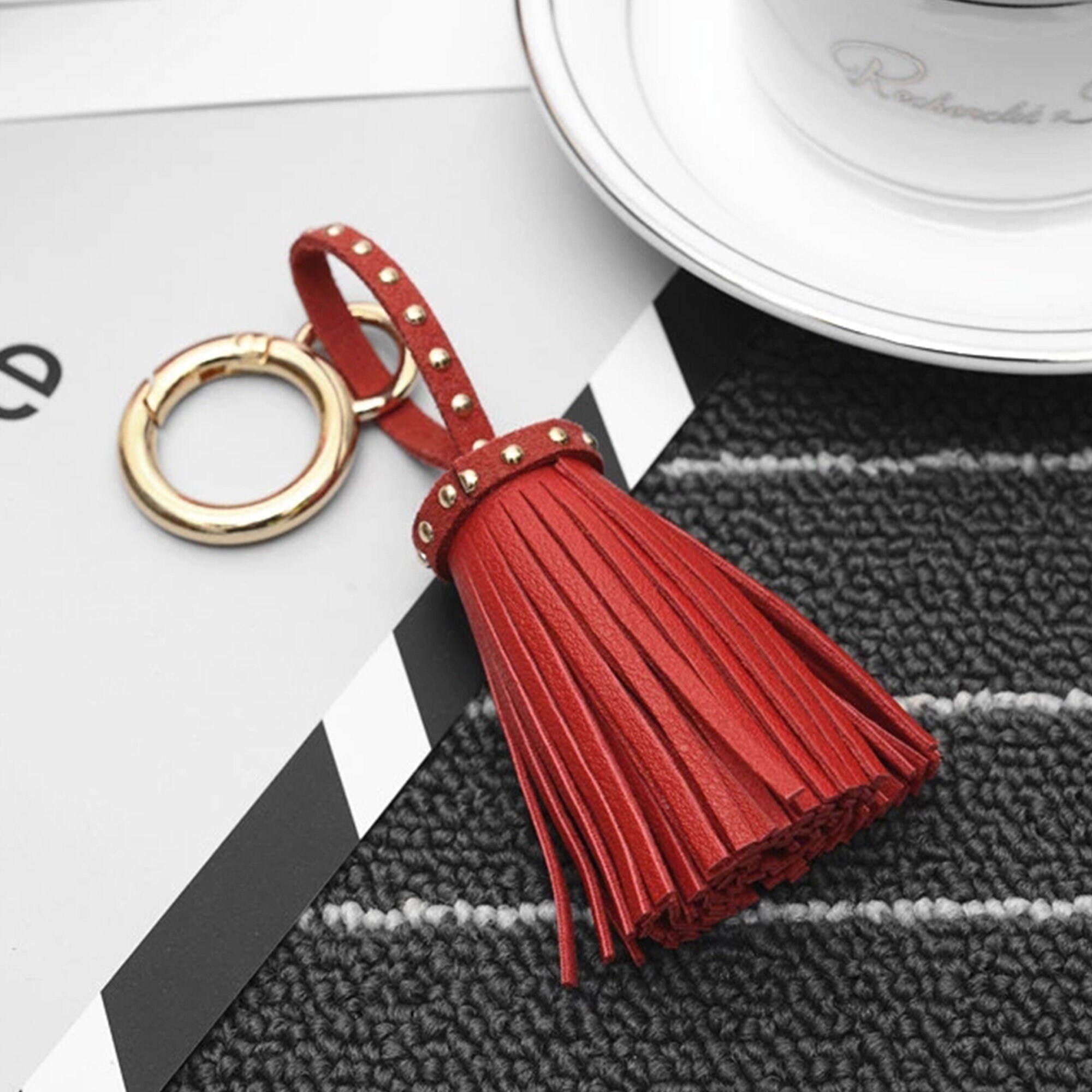 10 off PU Leather Tassel Key Chain Gold Color Metal Key Ring Etsy