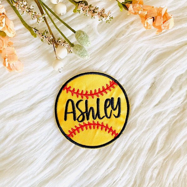 Softball name patch, custom softball iron on patch, iron on for hat, patches for hats, embroidered softball, gift for sports mom