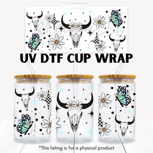 Bull skull wrap, western cup decals, western tumbler, butterfly cup glass, ready to apply uv dtf wrap, western stickers