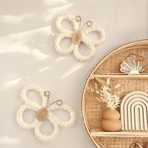Crèmekleurige rotan muurvlinders | Macramé kinderkamerdecoratie | Boho kamerdecoratie meisjes | Wandhanger kinderkamer | Set van 2 stuks