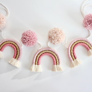 Dusky Pink And Gold Garland | Pom Pom Rainbow Bunting | Macrame Fibre Decor | Girls Room Hanging