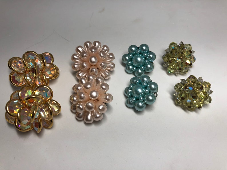4 pairs clip on earrings Bezel crystal pink faux pearls faux baby blue pearls and bicone glass beads