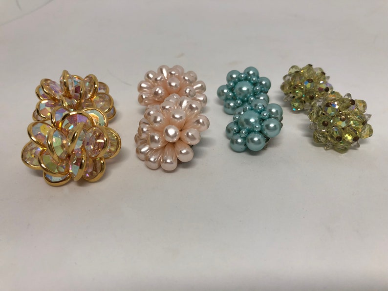 4 pairs clip on earrings Bezel crystal pink faux pearls faux baby blue pearls and bicone glass beads
