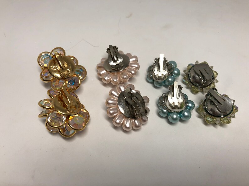 4 pairs clip on earrings Bezel crystal pink faux pearls faux baby blue pearls and bicone glass beads