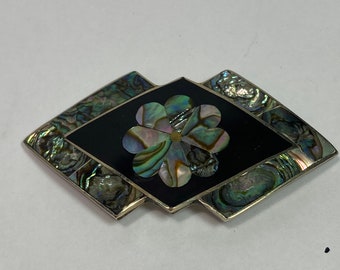 Broche/Pendentif Vintage Années 60 - Nacre Et Laque Noire Sur Métal Alpaca, Style Mexicain