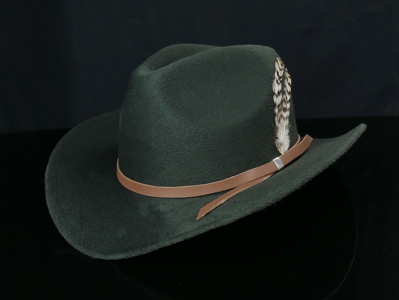 May include: A dark green felt cowboy hat with a brown leather band and a single feather accent.
