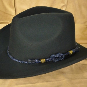 Dark Blue Braided Leather Hat Band – Western & Cowboy Hat Accessory with Gold Accents