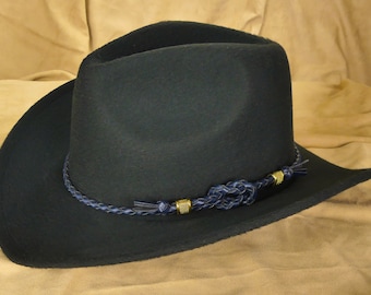 Banda para sombrero de cuero trenzado azul marino: accesorio para sombreros vaqueros y del oeste con detalles dorados