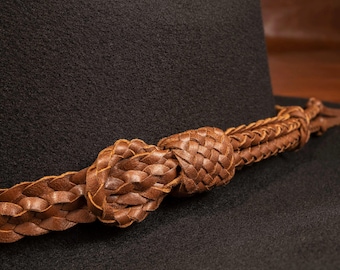 Bandeau pour chapeau en cuir marron whisky tissé à la main : style cow-boy occidental