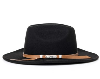 Brown leather hat band with your name on it.