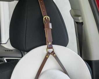 Handmade Leather Cowboy Hat Hanger – Car Headrest Rack, Western Style Holder