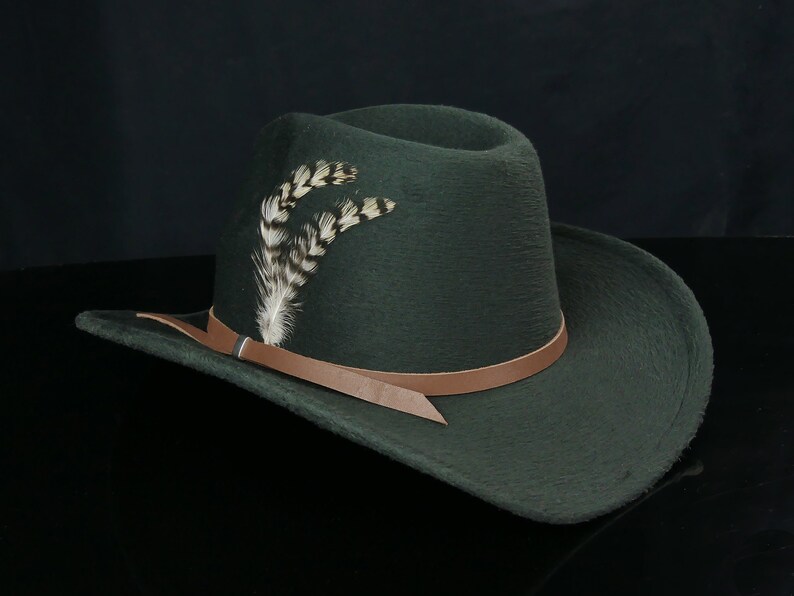 May include: A dark green felt cowboy hat with a brown leather band and a white feather accent.