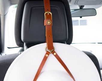 Cowboy Hat Holder for Car & Truck, Handmade Leather Headrest Hanger with Western Star
