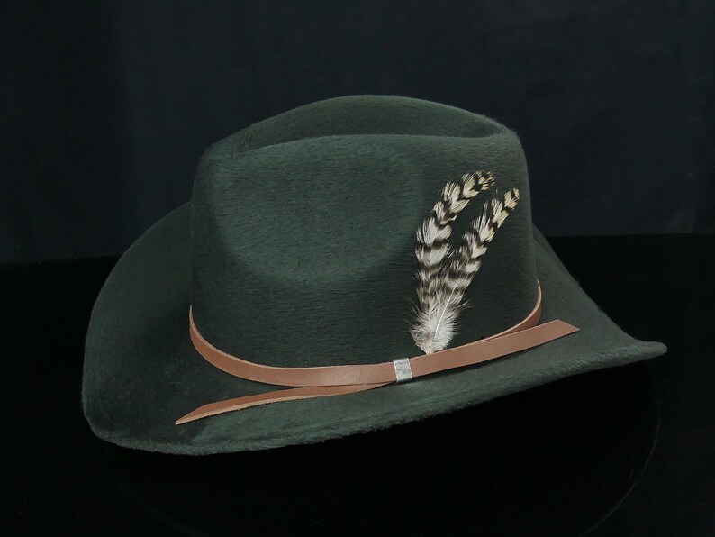 May include: A dark green felt fedora hat with a brown leather band and a feather accent.