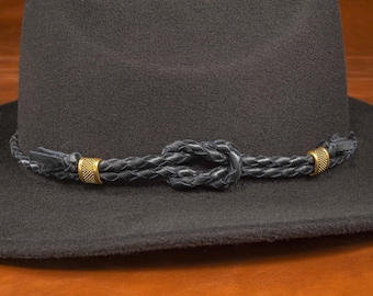 Handgeflochtenes schwarzes Leder-Hutband im Western-Stil mit Gold- oder Silberperlen – verstellbar & zum Verschenken