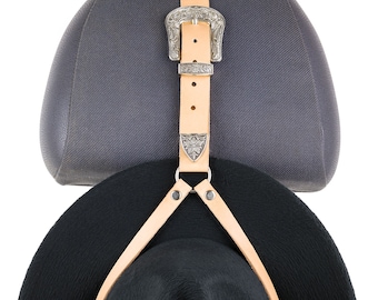 Leather Car Hat Holder | Western Headrest Hanger | Adjustable Veg-Tan Truck Accessory