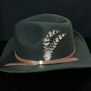 May include: A dark green felt cowboy hat with a brown leather band and two feathers.