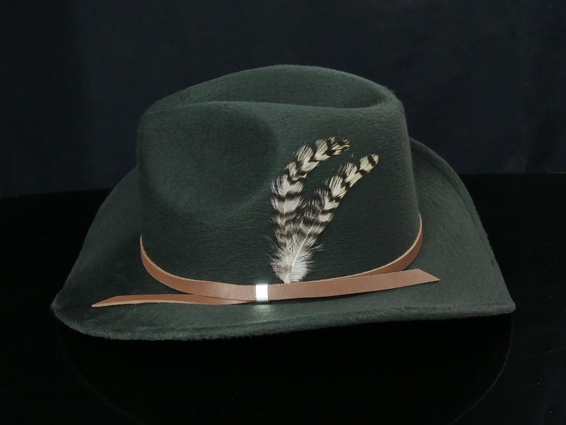 May include: A dark green felt cowboy hat with a brown leather band and two feathers.