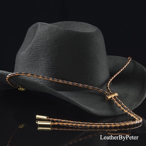Schwarz und Braun Stampede Lederband, geflochtene Stampede String für Cowboyhüte, Handgeflochtene Stampede Lederschnur mit goldener Hardware