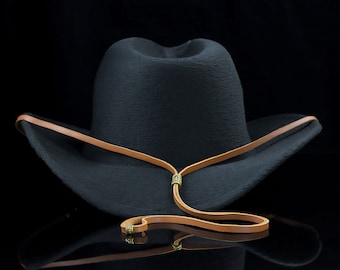 Brown leather stampede string with bronze hardware, Cowboy hat chin strap