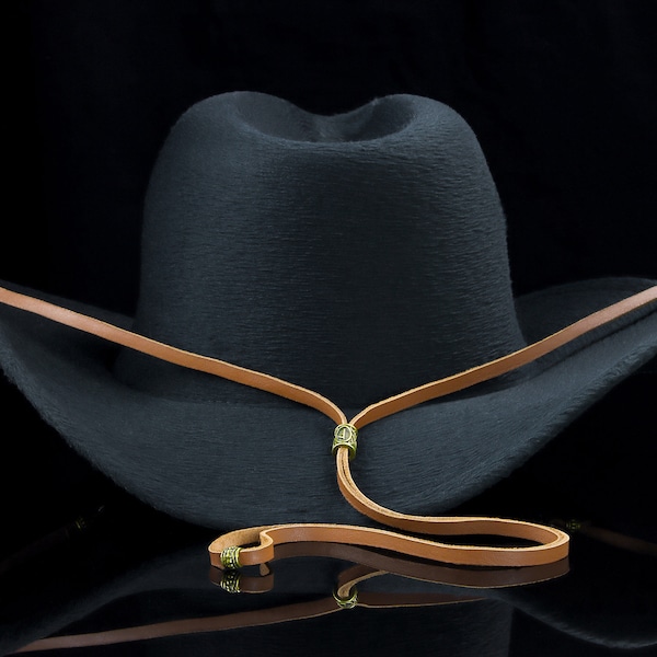 Brown leather stampede string with bronze hardware, Cowboy hat chin strap