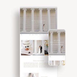 Może przedstawiać: Strona gł&oacute;wna witryny internetowej Muse Photography, firmy zajmującej się fotografią ślubną w stylu fine art. Strona internetowa ma białe tło z minimalistycznym designem. Strona gł&oacute;wna zawiera zdjęcie pary młodej stojącej przed białym budynkiem z kolumnami, zdjęcie tortu weselnego oraz zdjęcie panny młodej odchodzącej od kamery. Strona internetowa zawiera r&oacute;wnież logo firmy i dane kontaktowe.