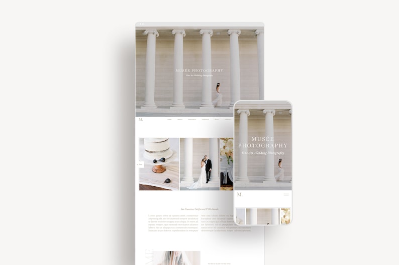 Może przedstawiać: Strona gł&oacute;wna witryny internetowej Muse Photography, firmy zajmującej się fotografią ślubną w stylu fine art. Strona internetowa ma białe tło z minimalistycznym designem. Strona gł&oacute;wna zawiera zdjęcie pary młodej stojącej przed białym budynkiem z kolumnami, zdjęcie tortu weselnego oraz zdjęcie panny młodej odchodzącej od kamery. Strona internetowa zawiera r&oacute;wnież logo firmy i dane kontaktowe.