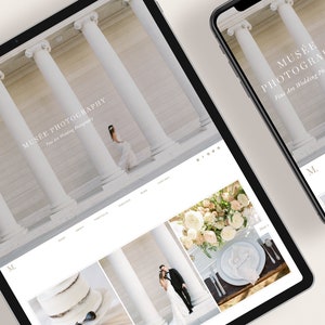 Może przedstawiać: Strona internetowa dla Mus&eacute;e Photography, firmy zajmującej się fotografią ślubną w stylu fine art. Strona internetowa ma białe tło z nagł&oacute;wkiem, kt&oacute;ry brzmi "Mus&eacute;e Photography" i "Fine Art Wedding Photography". Strona internetowa zawiera r&oacute;wnież galerię zdjęć ślub&oacute;w, portret&oacute;w i innych wydarzeń.