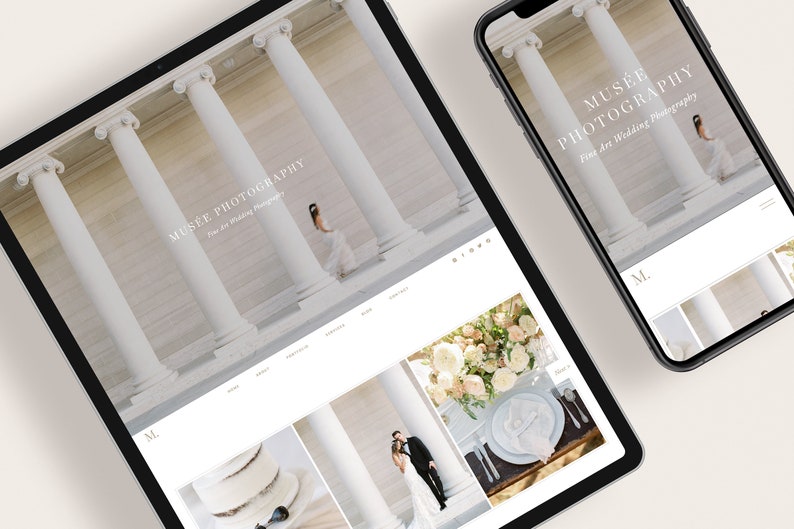 Może przedstawiać: Strona internetowa dla Mus&eacute;e Photography, firmy zajmującej się fotografią ślubną w stylu fine art. Strona internetowa ma białe tło z nagł&oacute;wkiem, kt&oacute;ry brzmi "Mus&eacute;e Photography" i "Fine Art Wedding Photography". Strona internetowa zawiera r&oacute;wnież galerię zdjęć ślub&oacute;w, portret&oacute;w i innych wydarzeń.