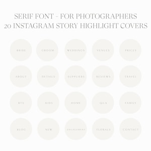 Pode incluir: Vinte capas de destaque de histórias do Instagram com uma fonte serif. As capas são círculos brancos com texto preto. O texto inclui palavras como "Noiva", "Noivo", "Casamento", "Locais", "Preços", "Sobre", "Detalhes", "Fornecedores", "Avaliações", "Viagem", "BTS", "Crianças", "Casa", "Perguntas e respostas", "Família", "Blog", "Novo", "Compromisso", "Flores" e "Contato".