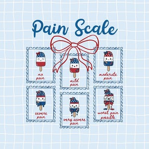 May include: A whimsical illustration of a pain scale, featuring popsicle characters with varying expressions. The scale ranges from "no pain" to "worst pain possible," with each level depicted by a different popsicle design. The text "Pain Scale" is at the top.