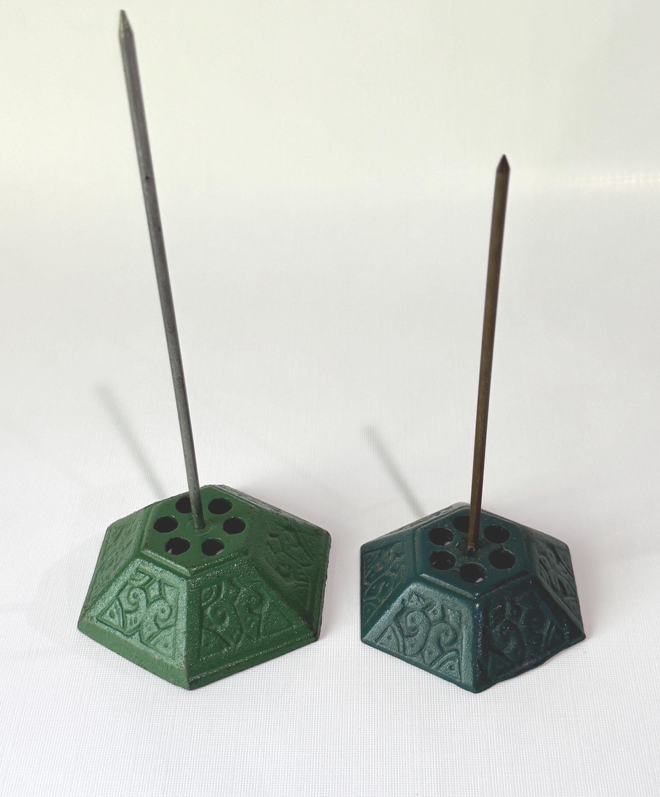 Decorative Cast Metal Spike Pair: Green Metal Desk Top Spike for Receipts | Office Counter Workshop Spike | Paper Storage Spindle Set