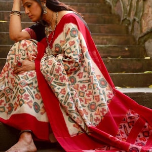 Pochampally Ikkat cotton Sarees in red and white, handloom sari,handwoven saree,indian textile