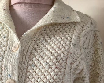 Womans handknit Scottish aran cardigan , cream wool, large