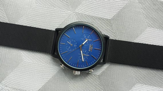 Black Mesh Strap Wrist Watch with Royal Blue Face and Matte | Etsy