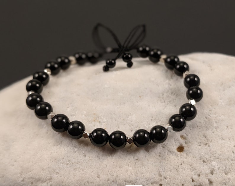 6mm AAA Black Tourmaline Bracelet,silver 925 beads Grounding Detox Healing Stones handmade in US Stress Relief Overall Wellbeing