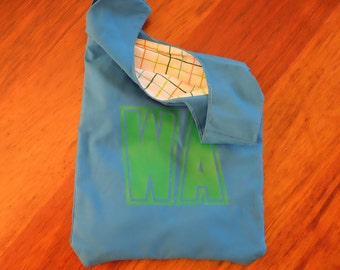 Blue netball bib bag with green lettering - reversible - unique gift netball fans, gift for mum, gift for coach - zero waste, reusable bag