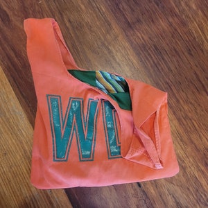 Orange netball bib bag with green lettering reversible unique gift netball fans, gift for mum, gift for coach zero waste, reusable bag image 2