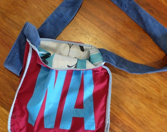 Netball bib bag with should strap - dark red and blue - gift for netball players, netball coach